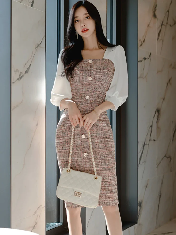 Women Korean Vintage Bodycon Party Vestidos 2025 Plaid Square Collar Chic Office Lady Dress Autumn Winter Elegant Casual Dresses
