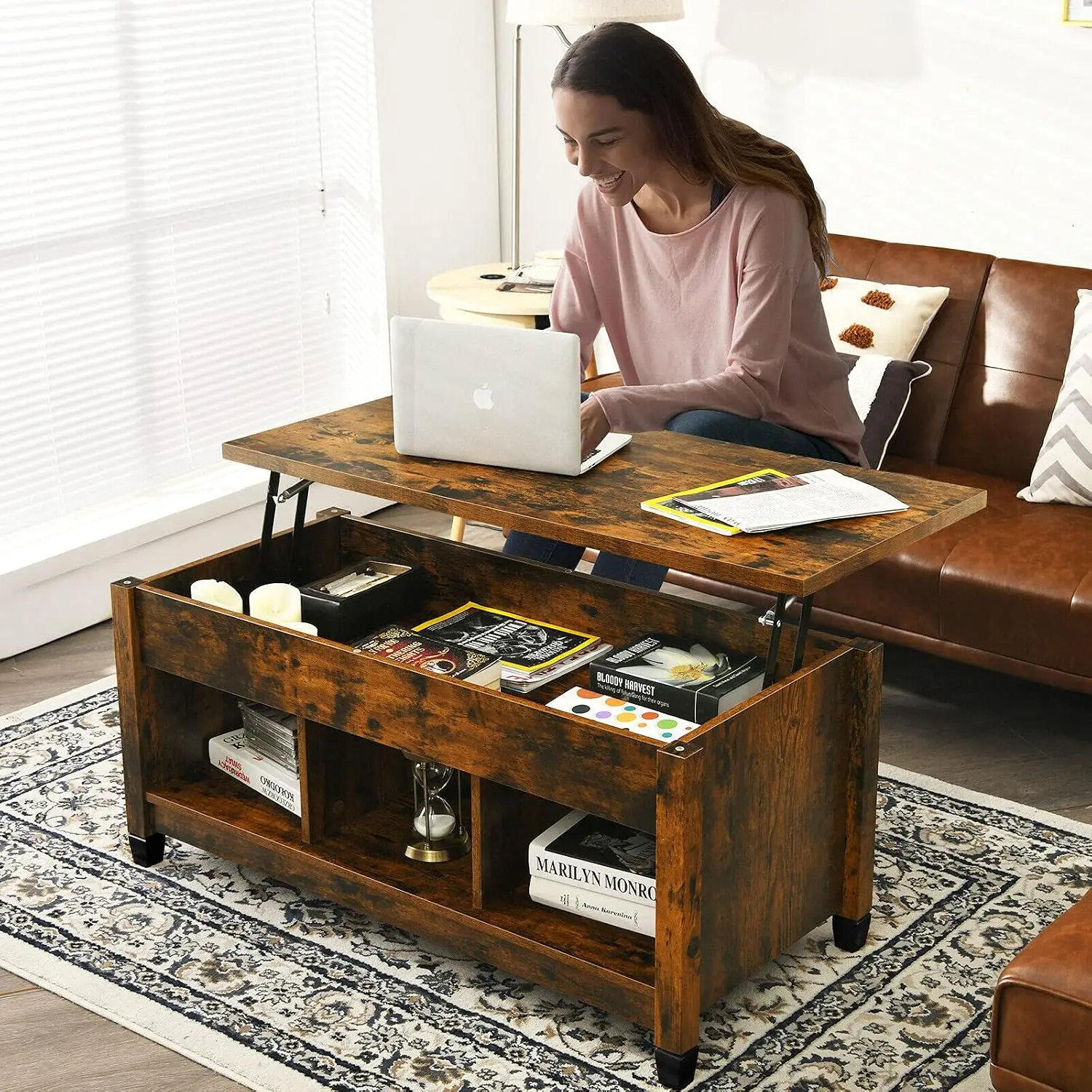 Lift Top Coffee Table with Hidden Storage & Display Shelves for Living Room Bedroom Home Office, Rustic Brown, Customized