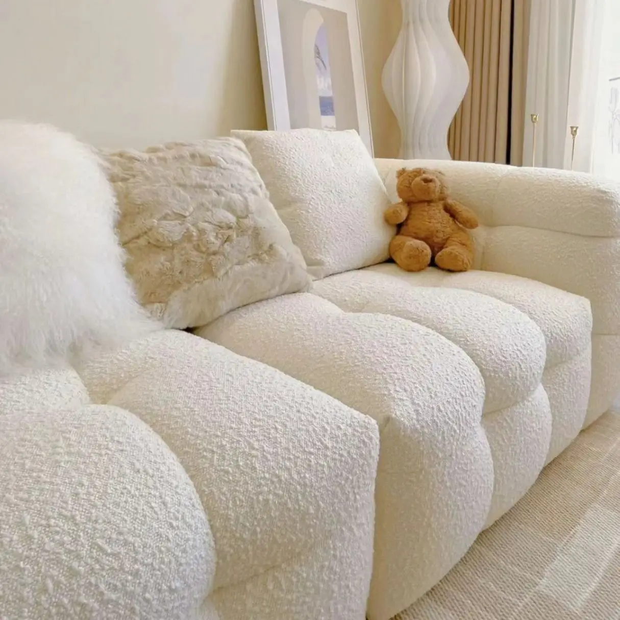 Modern minimalist lamb plush sofa, straight row, full size reception, cotton candy, casual fabric sofa mm04