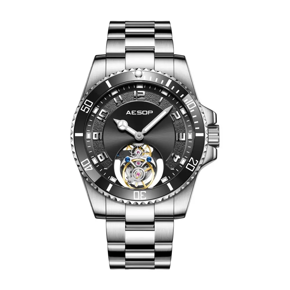 Jam Tangan Lelaki AESOP Tourbillon Mechanical Watch - Submariner Style 316L Steel Rotating Bezel Waterproof Luxury Diver Watch