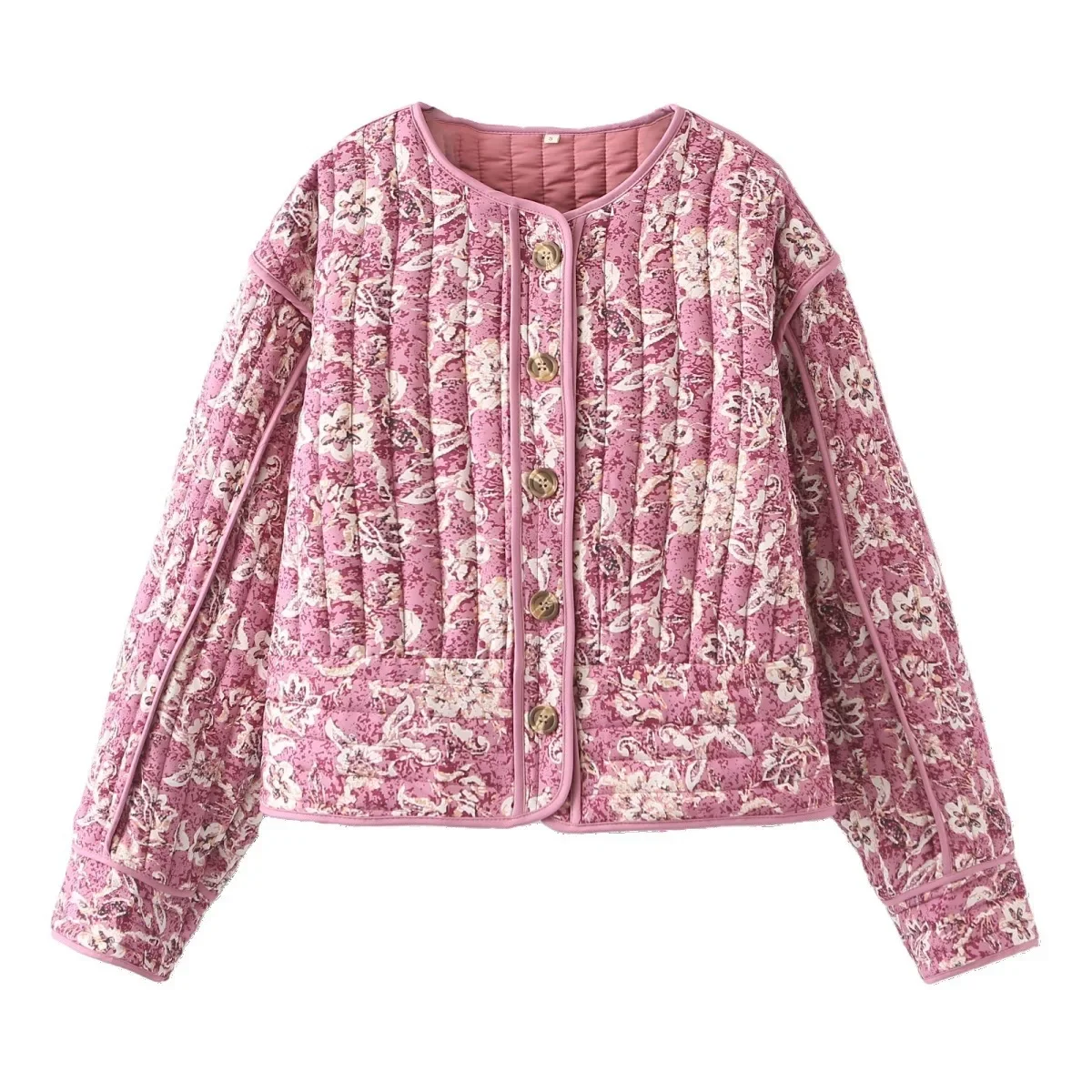 new European and American 2025 Women's Explosion Round Neck Cardigan Small Floral Cotton-padded Jacket Pattern Warm Jacket