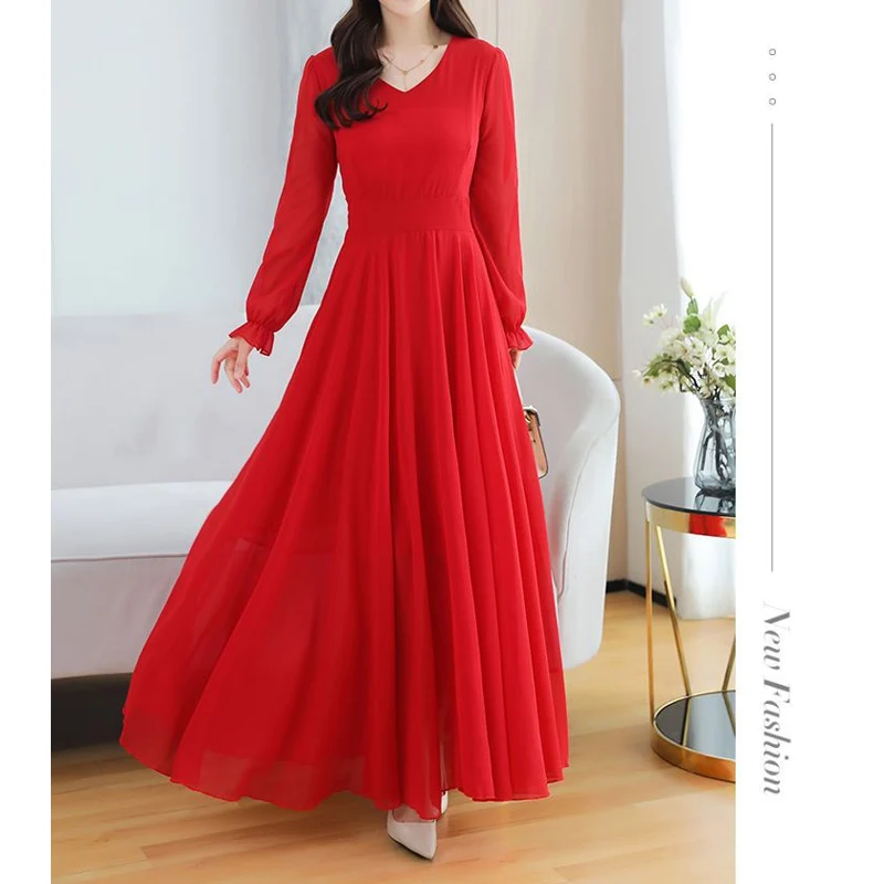 Spring Summer New Chiffon Solid Beach Skirt Long Sleeve V Neck Loose Plus Size Ladies Dresses Temperament Elegant Women Clothing