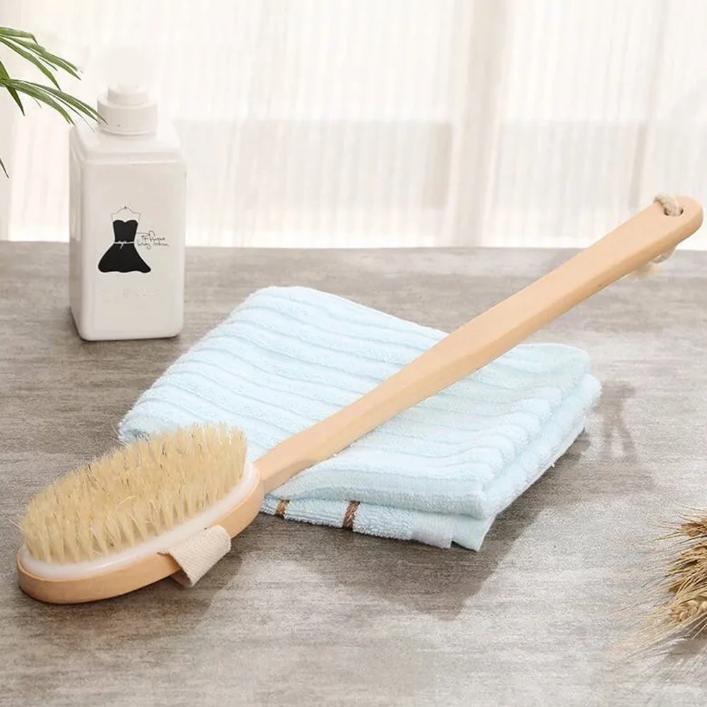 Natural Bath Brush with Long Wooden Handle Shower Body Brush Shower Back Scrubber Bath Sponge for Body Cleaning