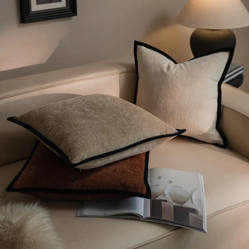 Ins Black Border Pillow Covers ChenilleDecorative Luxury Pillowcase Square Cushion Case for Living Room Decor Bench Sofa Couch