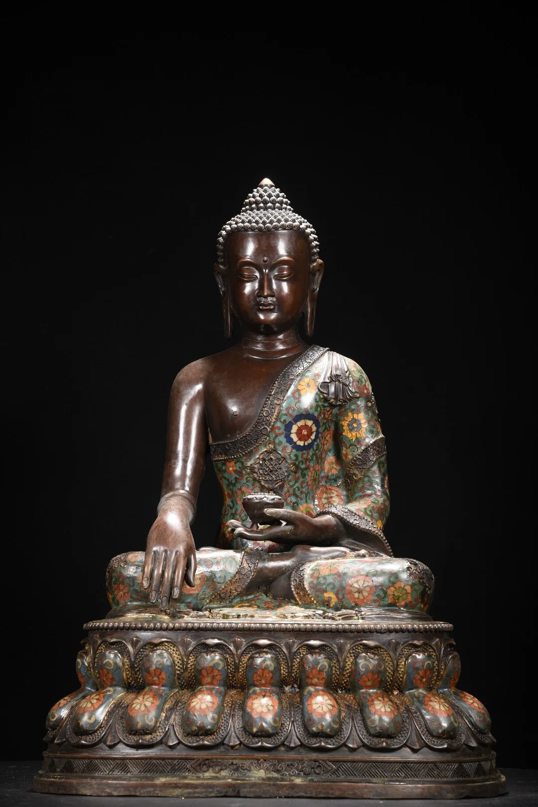 

25"Bronze Cloisonne Enamel Lotus pattern Amitabha Sakyamuni Buddha Parinirvana Lotus Terrace Sitting Buddha