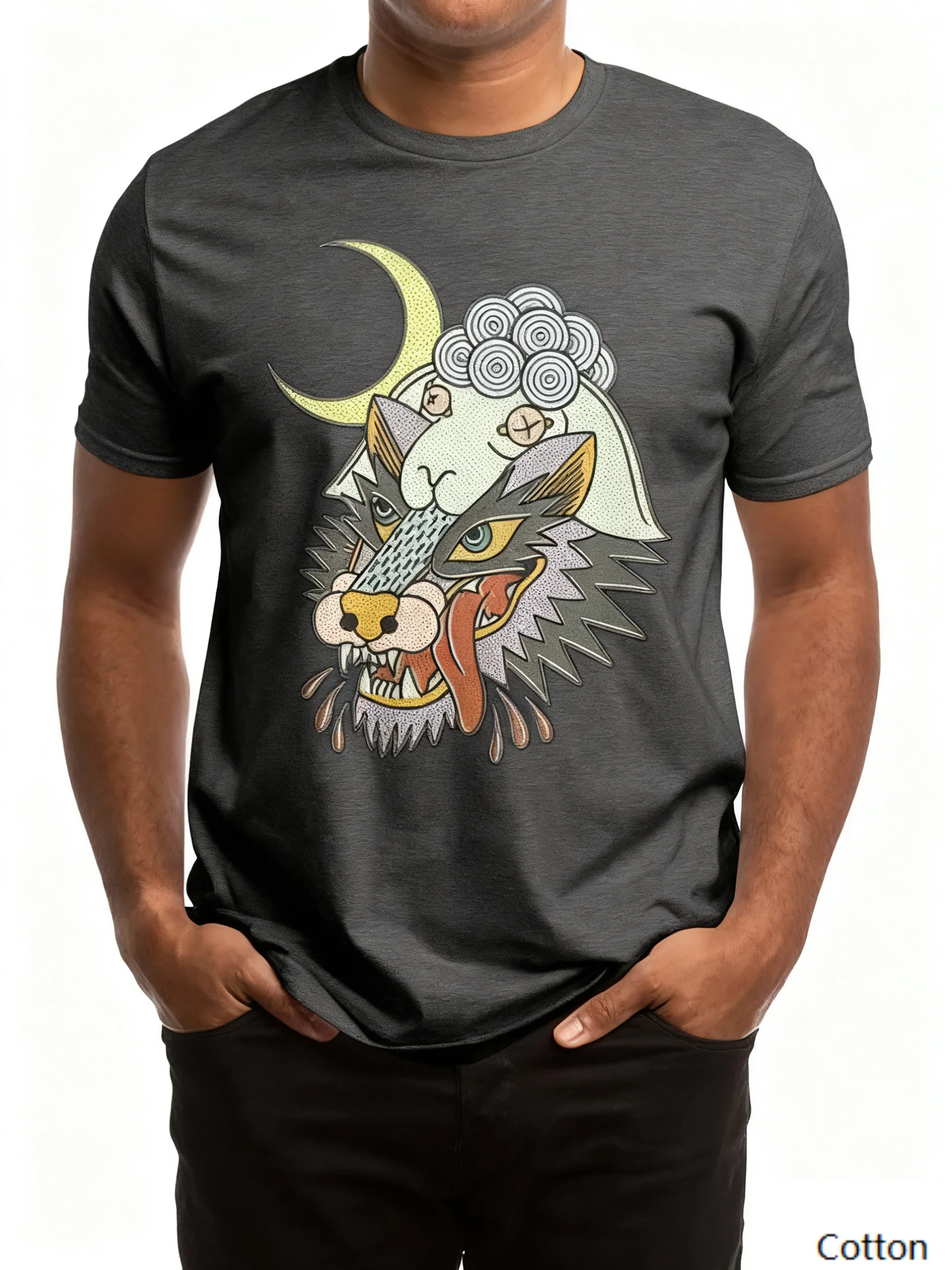 Хлопковая футболка с круглым вырезом Fantasy Wolf «Moonlit Wolf Vibe» с уникальным дизайном стилизованного волка под полумесяцем