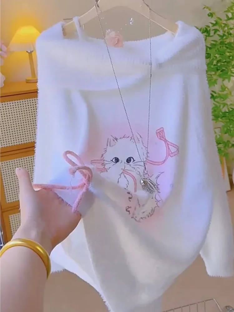 

Шикарный женский свитер с открытыми плечами, осень-зима 202, новый вязаный топ с молодежным принтом, нежный ветер, удобный крой, длинный...