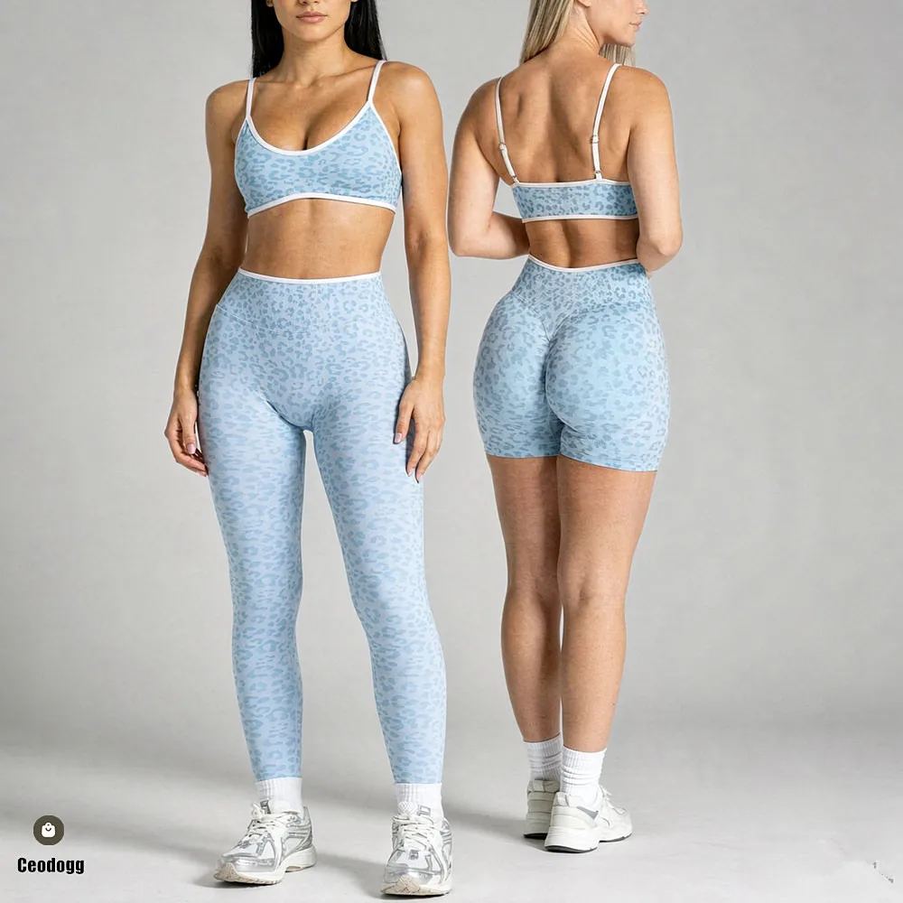 Seamless Leopard Yoga Set Women Sports Bra High Waist Shorts Scrunch Gym Fitness Workout Run Legging Activewear XP269