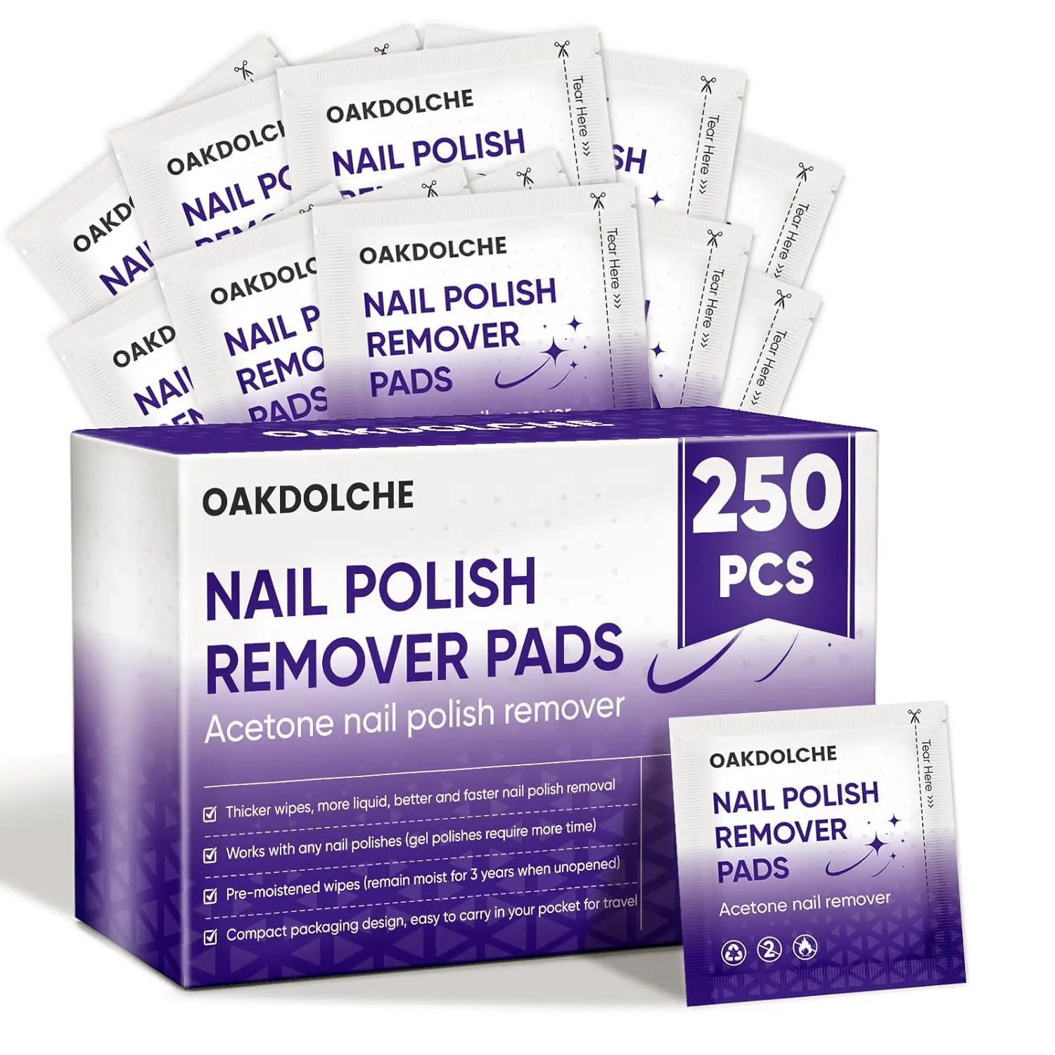 250 Pack Acetone Nail Polish Remover Pads, Individually Wrapped, Quick & Effective for Gel & Regular Polish, Home & Salon Use