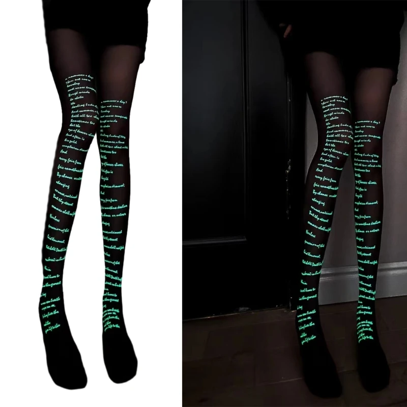 Women Luminous Glow Silky Tights Bowknot Dot Letter Patterned Glowing Stockings