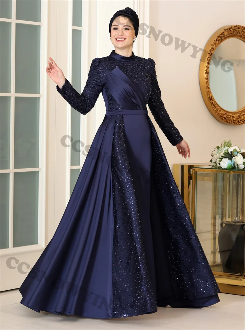 

Sequin Beaded Elegant Satin customizable High Neck Long Sleeve Evening Dresses Prom Dress Formal Occasion Dresses