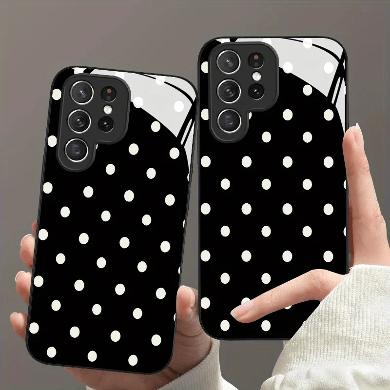 Black background polka dot pattern glass phone case suitable for Samsung Galaxy S26 S25 S24 S22 S21 S20 FE/Ultra/Plus back cover