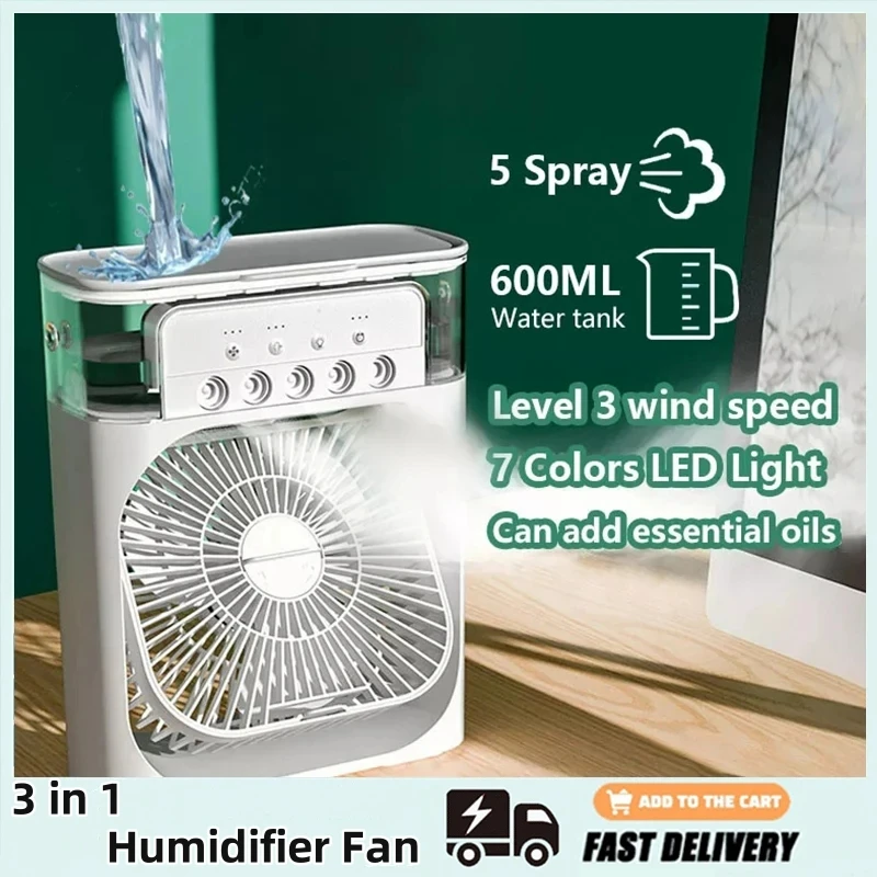 3 in 1 Portable Fan Air Conditioners USB Electric Fan with LED Night Light Household 3 Speed Air Cooler Humidifier Hydrocooling