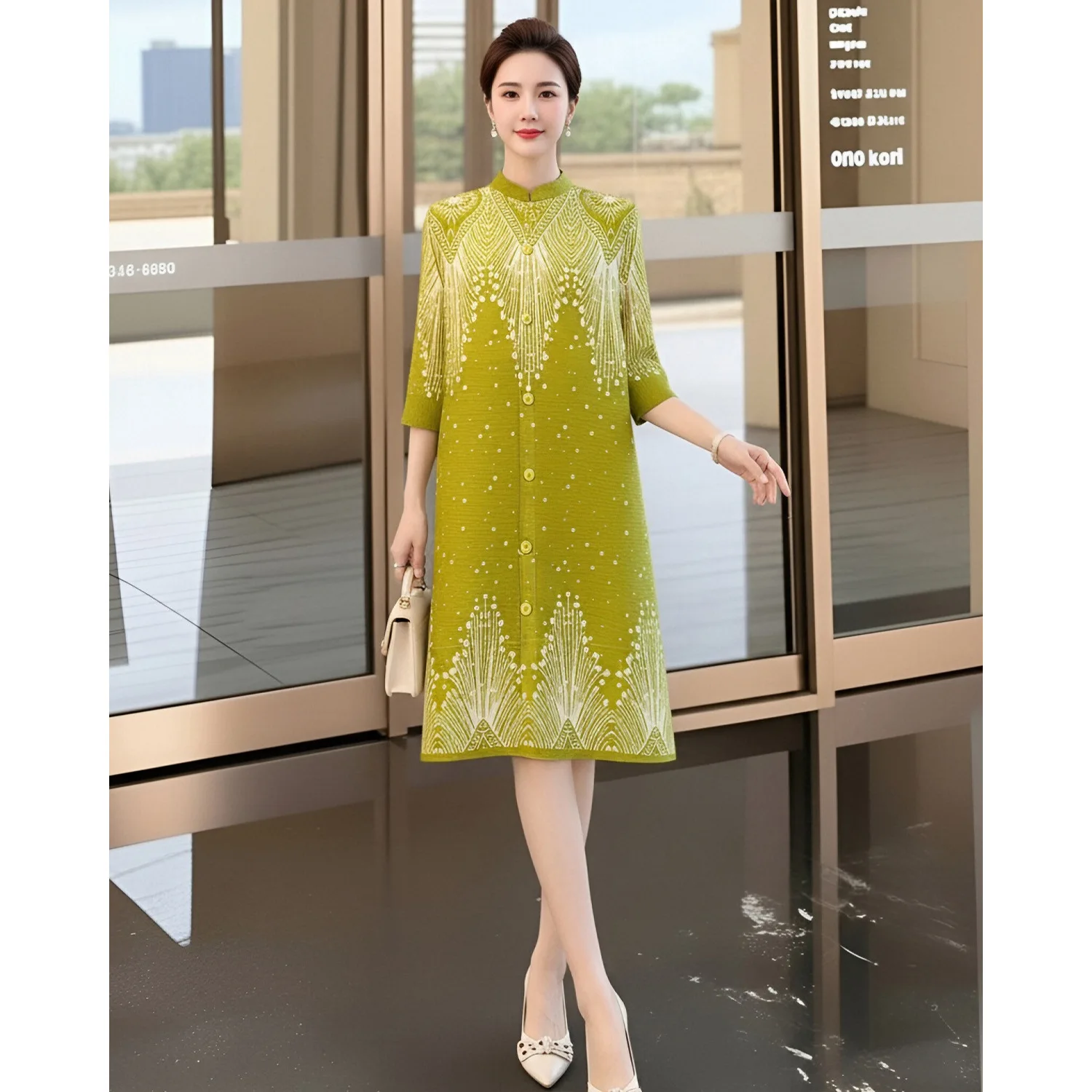 

Новое модное женское плиссированное платье Miyake Fruit Green Chic с принтом, воротником-стойкой, рукавом до локтя, А-силуэта, весеннее.