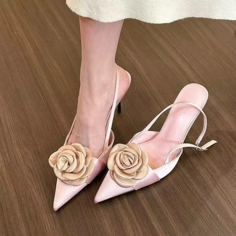 2024 Mode Dunne Hoge Hakken Gesp Vrouwen Pompen Sexy Bloem Puntschoen Muilezels Schoenen Elegante Banket Prom Sandalen 35-43