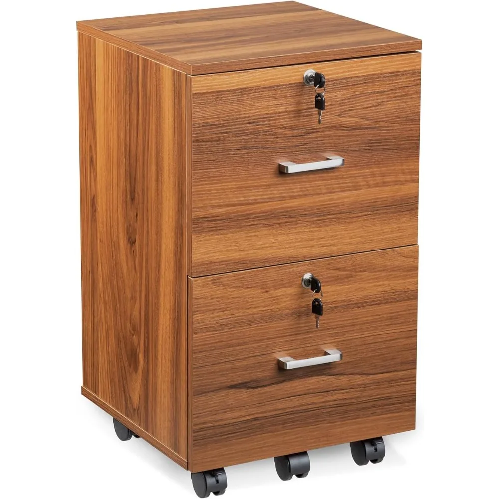 2 Drawer File Cabinet with Lock, Wood Grain Walnut File Cabinet for Letter Size File Folders with Tabs