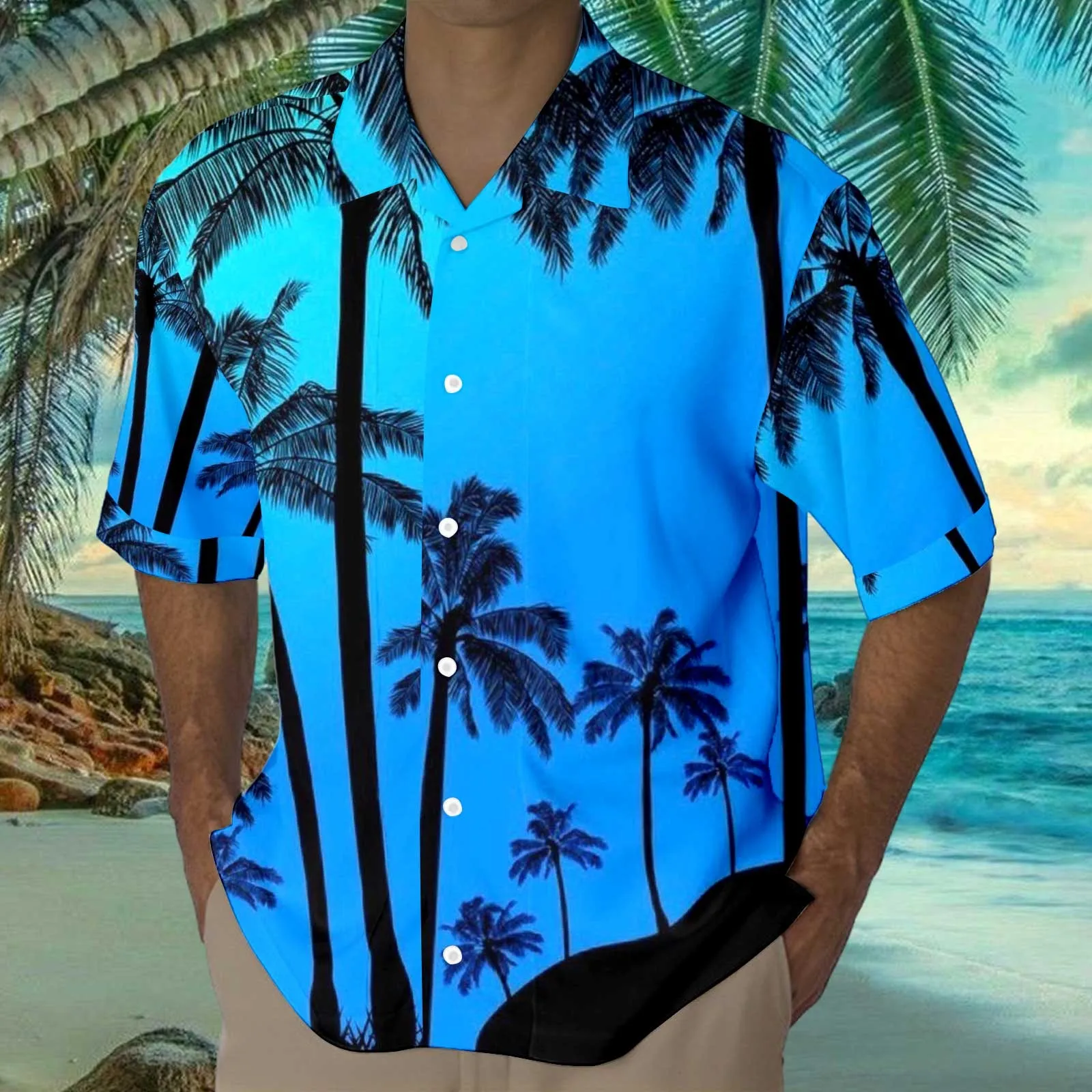 

Men Casual Shirt 3D Print Summer Beach Tops Seaside Coconut Sunset Printed Short Sleeved Button Lapel Shirt Beachwear Blouse