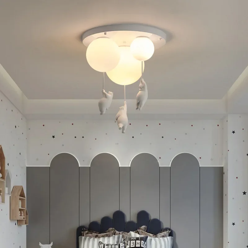 Lámpara colgante de techo con forma de muñeca de oso bonito, globo moderno de cristal colgante E27, luz de techo para habitación de niños, cama para