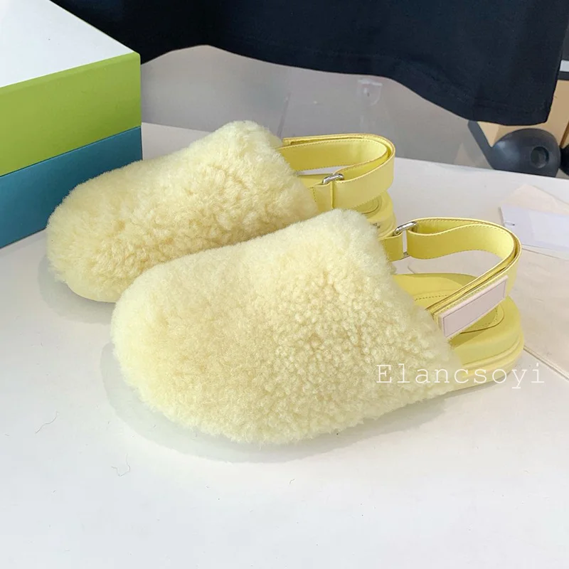 Spring Autumn Fur Solid Color Sandals Women's Round Toe Thick Bottom Back Strap Sandalia Female Outdoor Vacation Lazy Mules