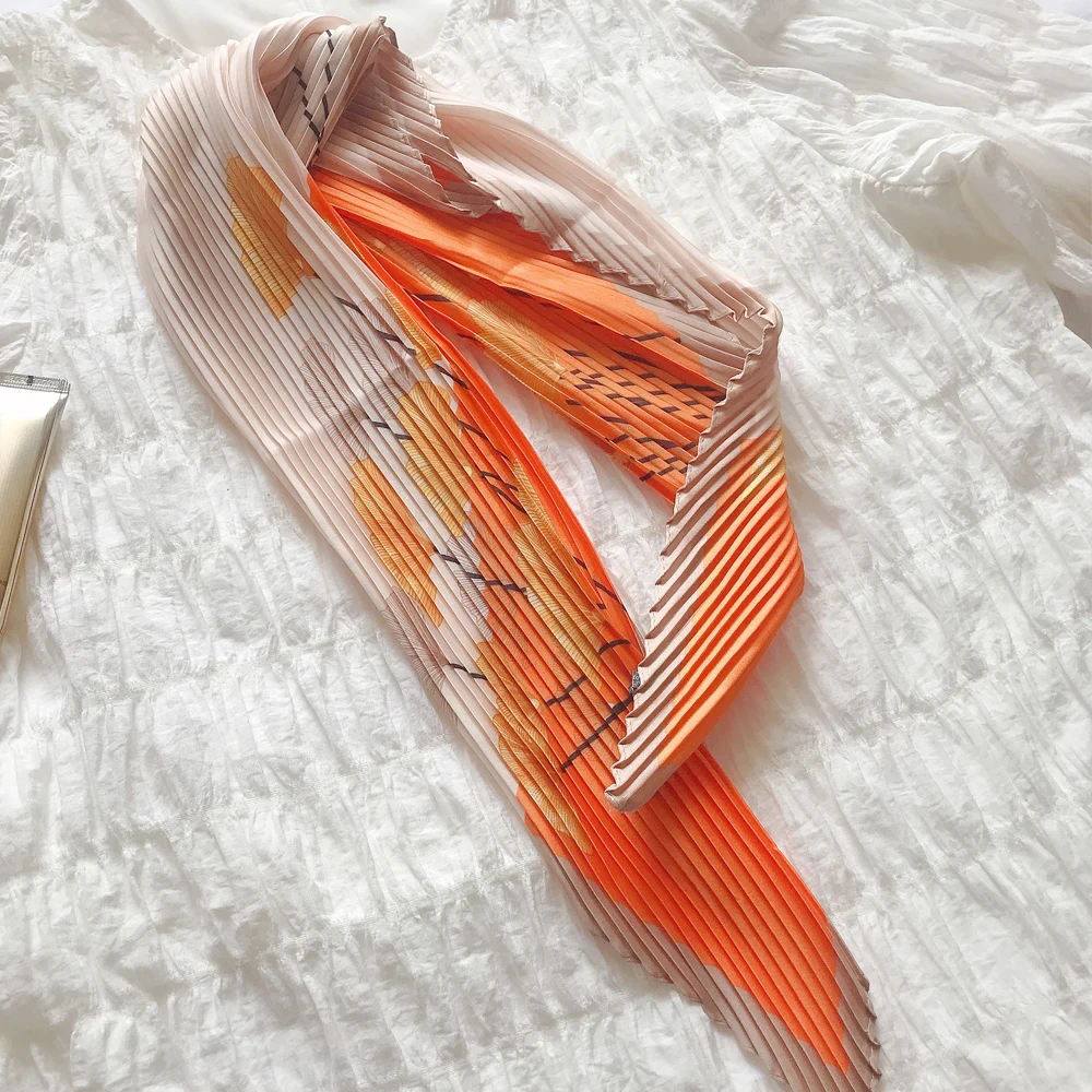 42X92CM HOT Korean Version Small Rhombus Pleated Women\'s Silk Scarf Printing Scarf For Women Retro Joker Neck Scarf Handkerchief