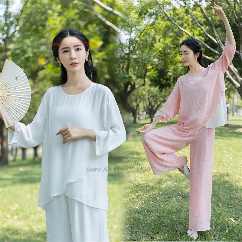 

2024 traditional chinese vintage set breathable cotton linen tops+pants set meditation zen yoga outdoor walking sports hanfu set