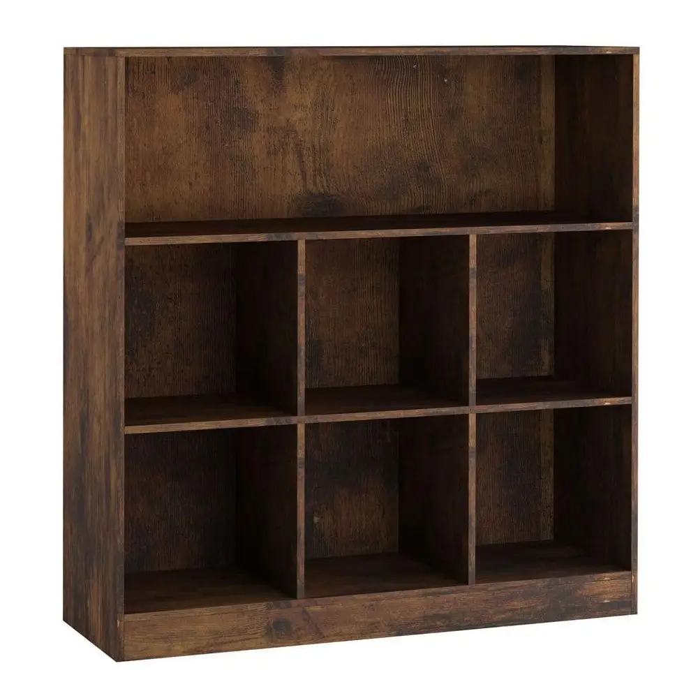 Wide Wooden 7 Cube Bookcase Storage Unit Rustic Brown, Wide