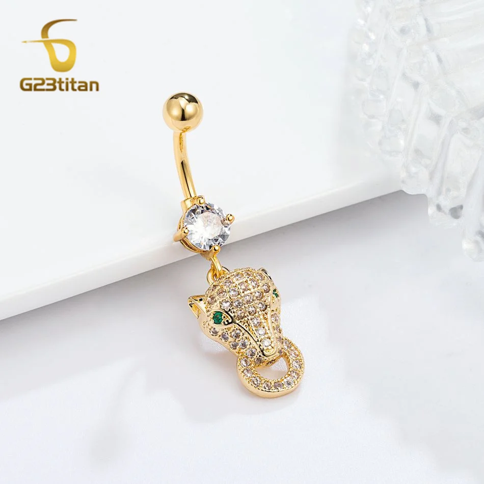 Anneau de nombril en Zircon néo-gothique, œil vert, tête de léopard doré, G23, haltère en titane, Piercing, bijoux de nombril, barre de corps 1.6mm 14G