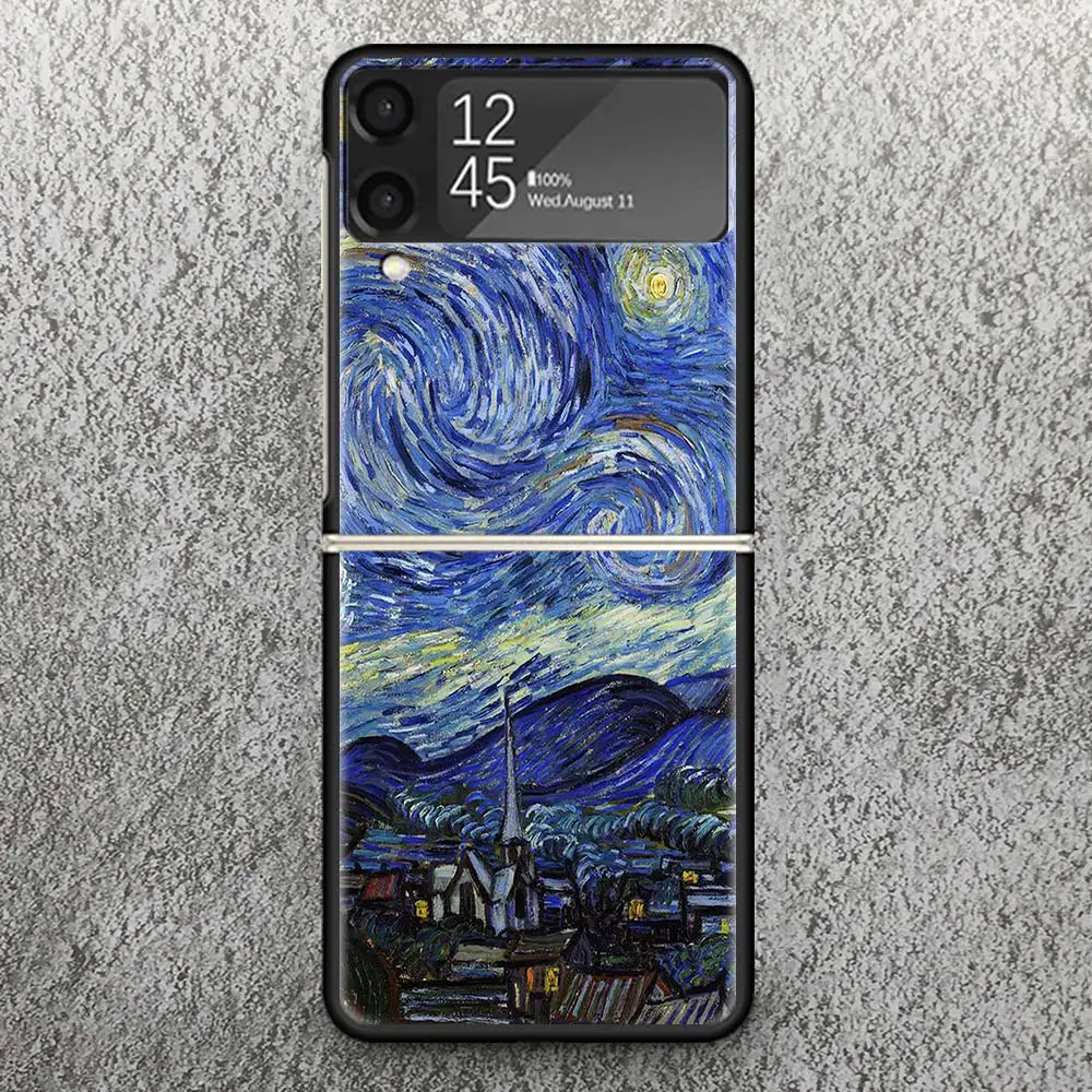 Van Gogh oil Art Painting Print Case For Samsung Galaxy Z Flip 3 4 5 5G Black Hard Cell Phone Shell ZFlip3 Flip4 Flip5 Pattern