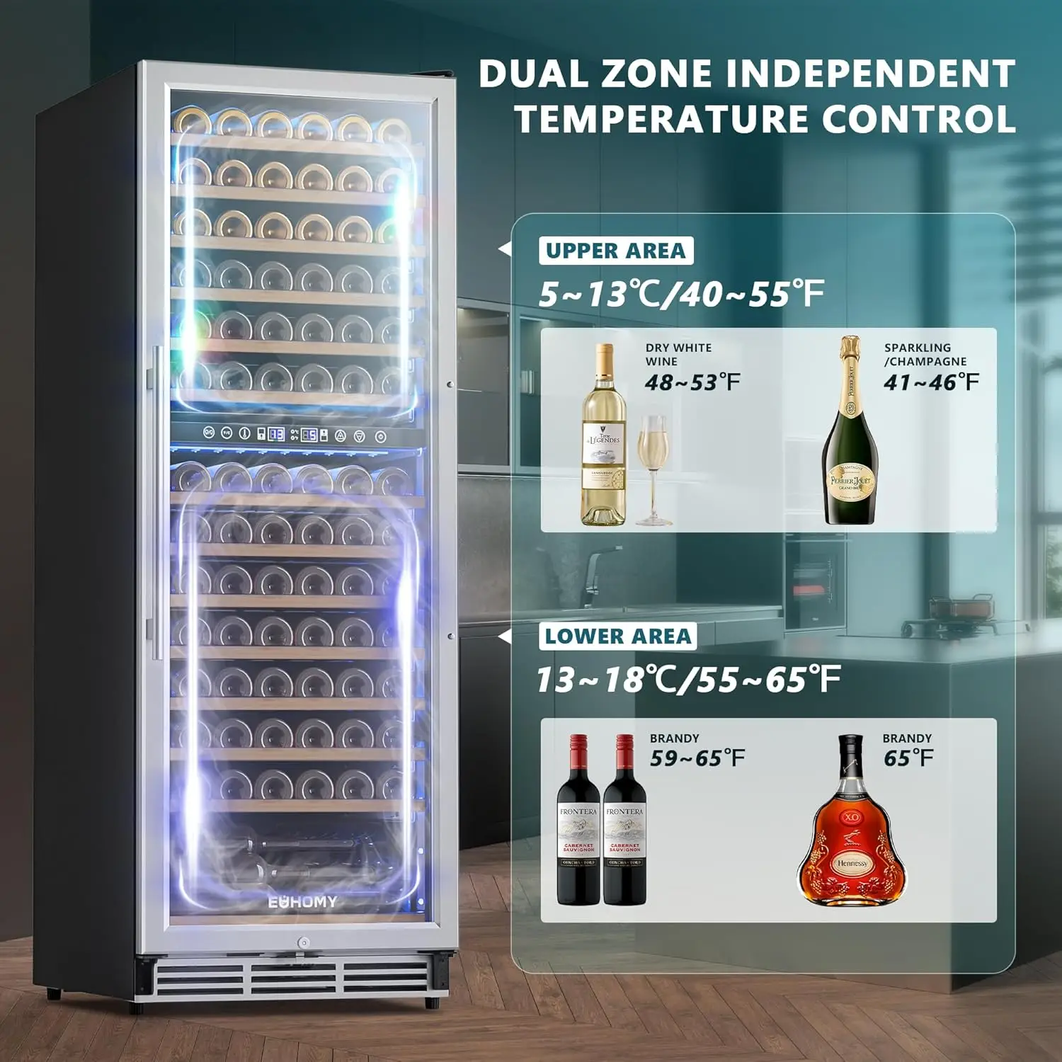 24 Inch Wine Fridge Dual Zone, 154 Bottle Wine Cooler Refrigerator with Glass Door, Powerful Compressor Cooling