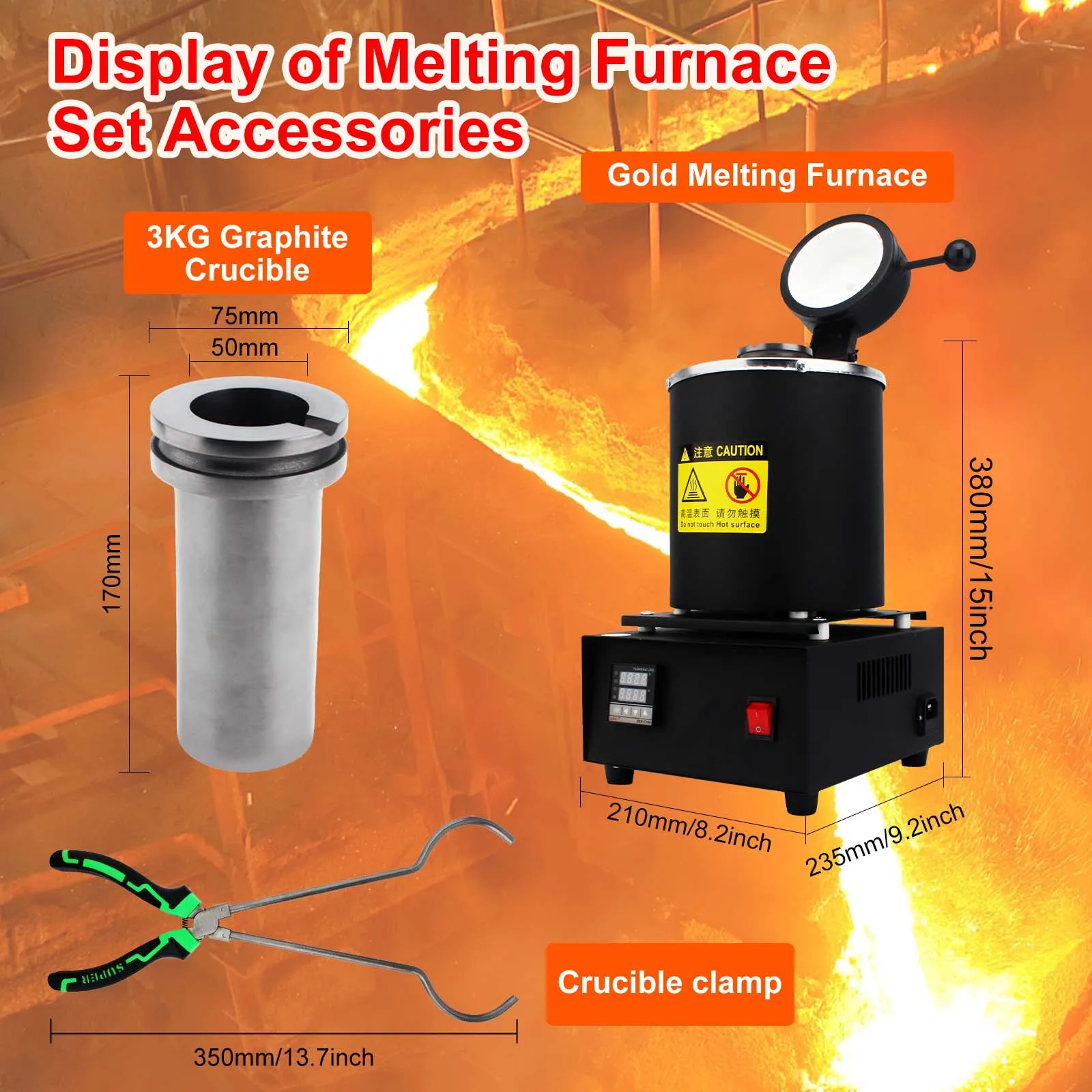 Electric Digital Gold Melting Furnace - 110/220V Machine with Graphite Crucible (1/2/3KG) and Ingot Mold, 1150℃ /2102 ℉