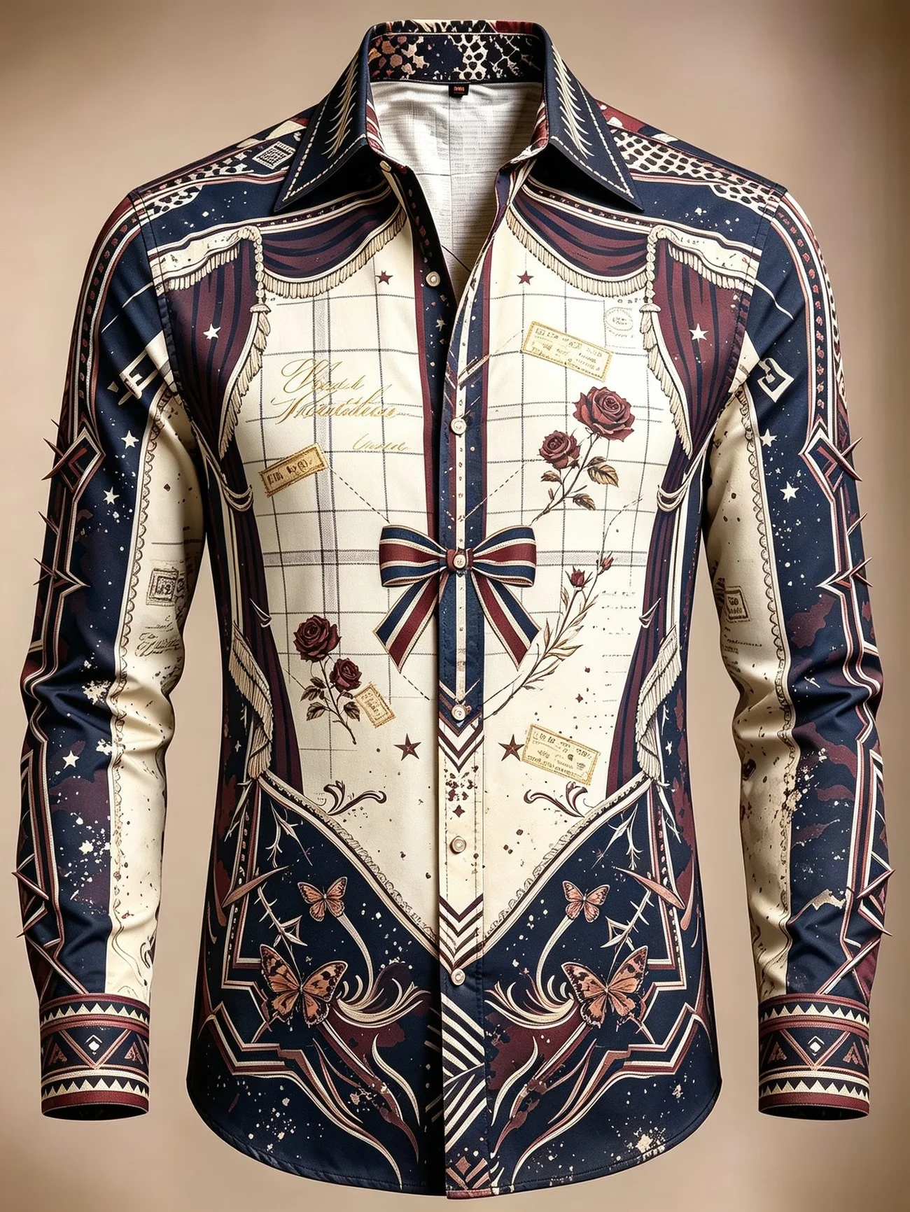 New Yellow Skeleton Rose Men's Long Sleeve Shirt with Retro Tattoo Pattern and Personalized Printed Slim Fit Shirt