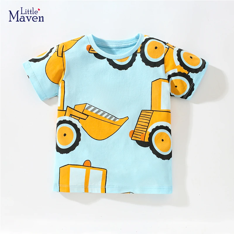 Little maven 2024 Summer T Shirt for Boys Kids Short Sleeves Tops Tees Shirts Cartoon Excavator Children\'s Clothing Cotton