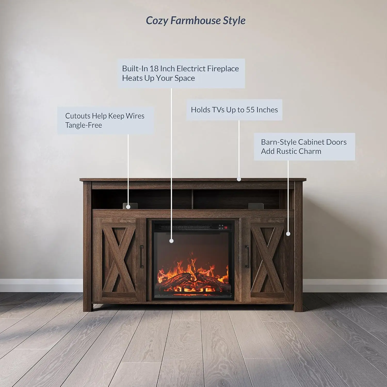 Soporte de TV de madera para puerta de Granero, calentador de chimenea eléctrico de 18 ", mesa de consola central de entretenimiento multimedia, moderno, 48"