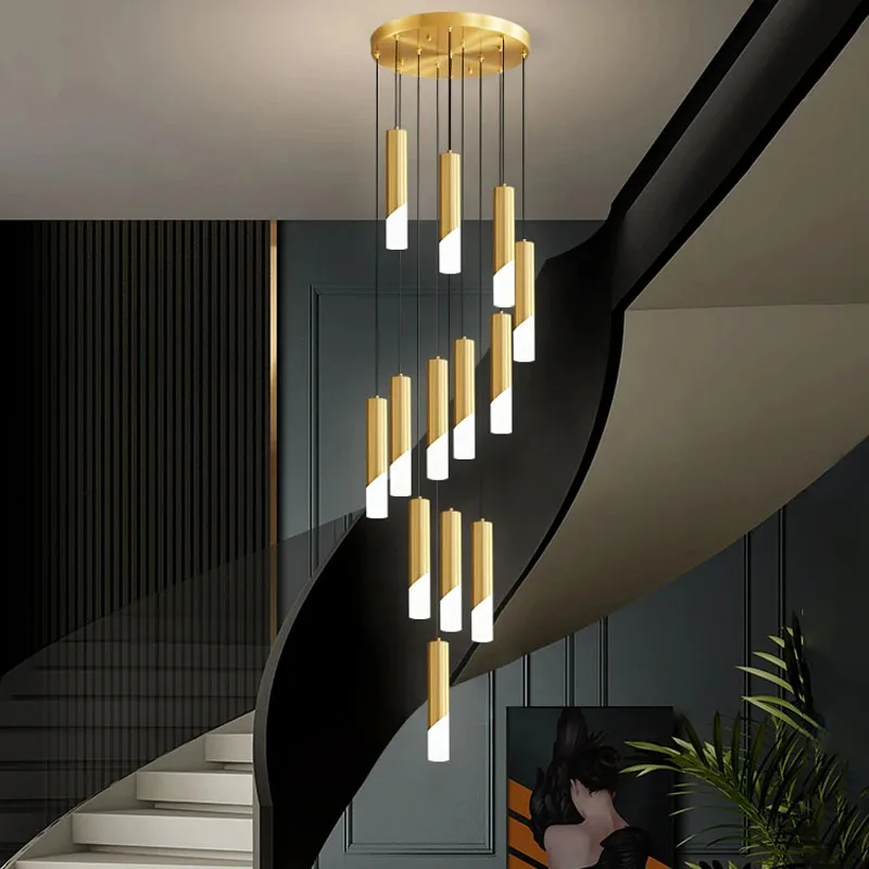 Trap Kroonluchter Modern Zwart/Goud Led Verlichting Duplex Zolder Woonkamer Opknoping Apparaat Helder Binnenlicht Vrij Van Verzending