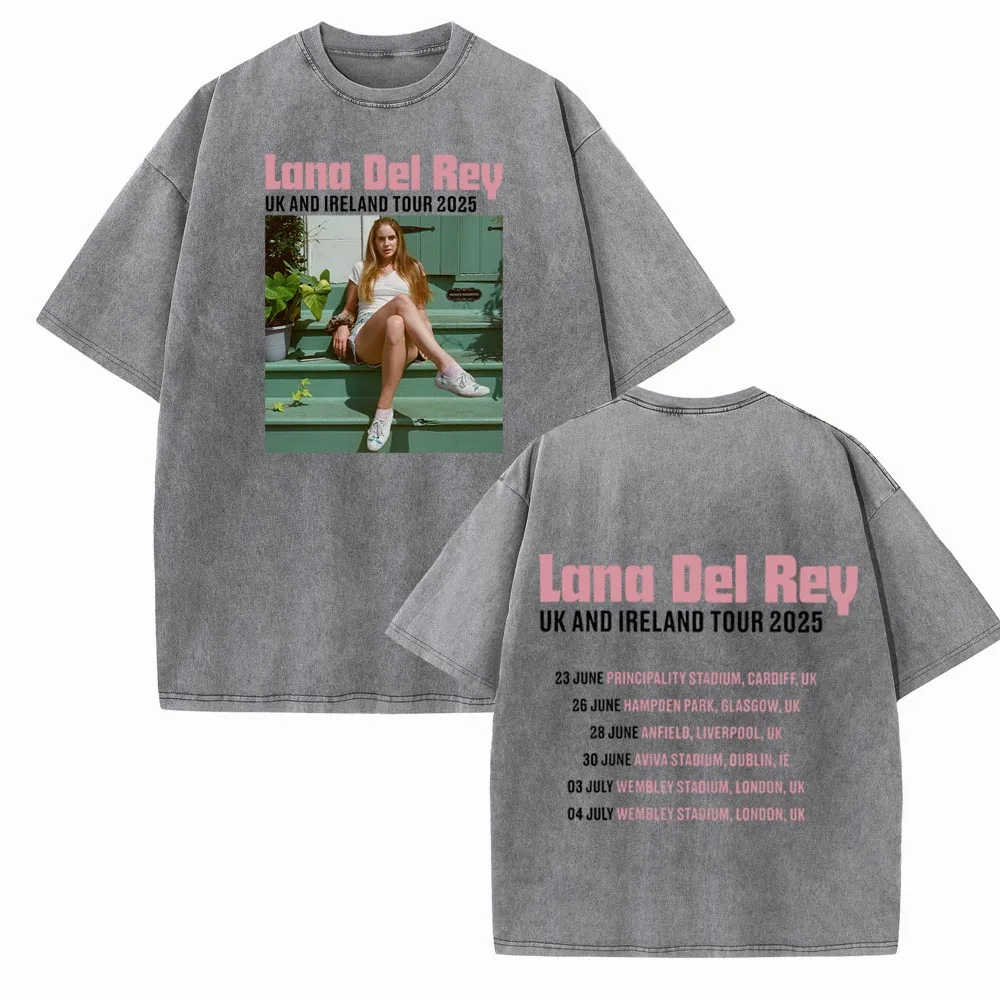 Lana Del Rey Uk And Ireland Stadium Tour 2025 Washed T-shirt Vintage O-Neck Short Sleeve Cotton T-Shirts image 2