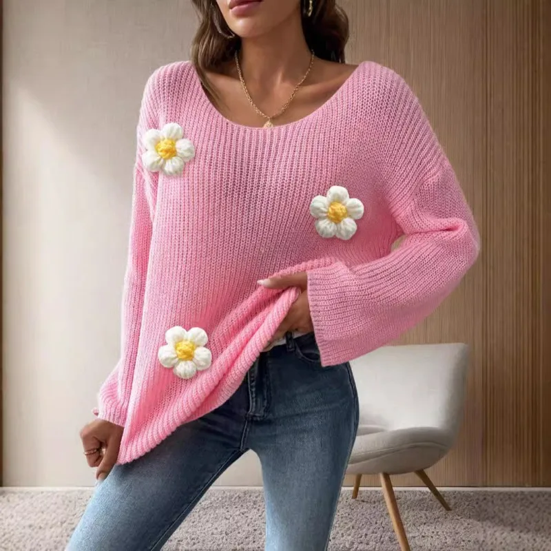 Casual Loose Knitted Sweater Hoodie for Autumn/Winter Women\'s Tops 2024 New Sexy Slash Neck 3D Flower Full Flare Sleeve Pullover