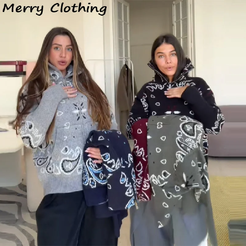 

Vintage Knitted Jacquard Women Cardigan Sweater Stand Collar Full Sleeve Zipper Top 2026 NEW Spring Lady Loose Cardigans