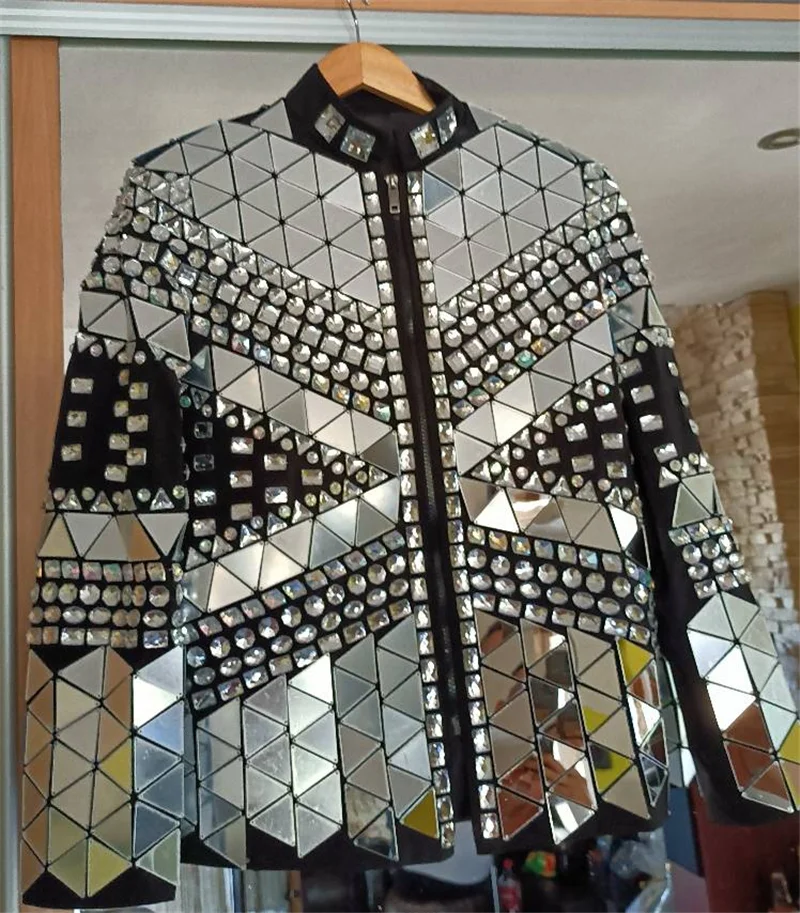 Handmade Men\'s Crystal Mirror Lens Jacket Stage Show Host Formal Dress Bar club Male Singer Dancer Performance Coat