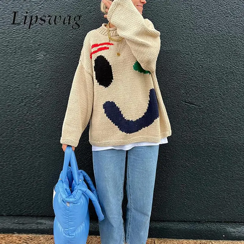 Autumn Winter O-Neck Loose Warm Sweater Fashion Smiley Face Cute Commuter Pullover Women Long-Sleeved Versatile Knitted Sweater