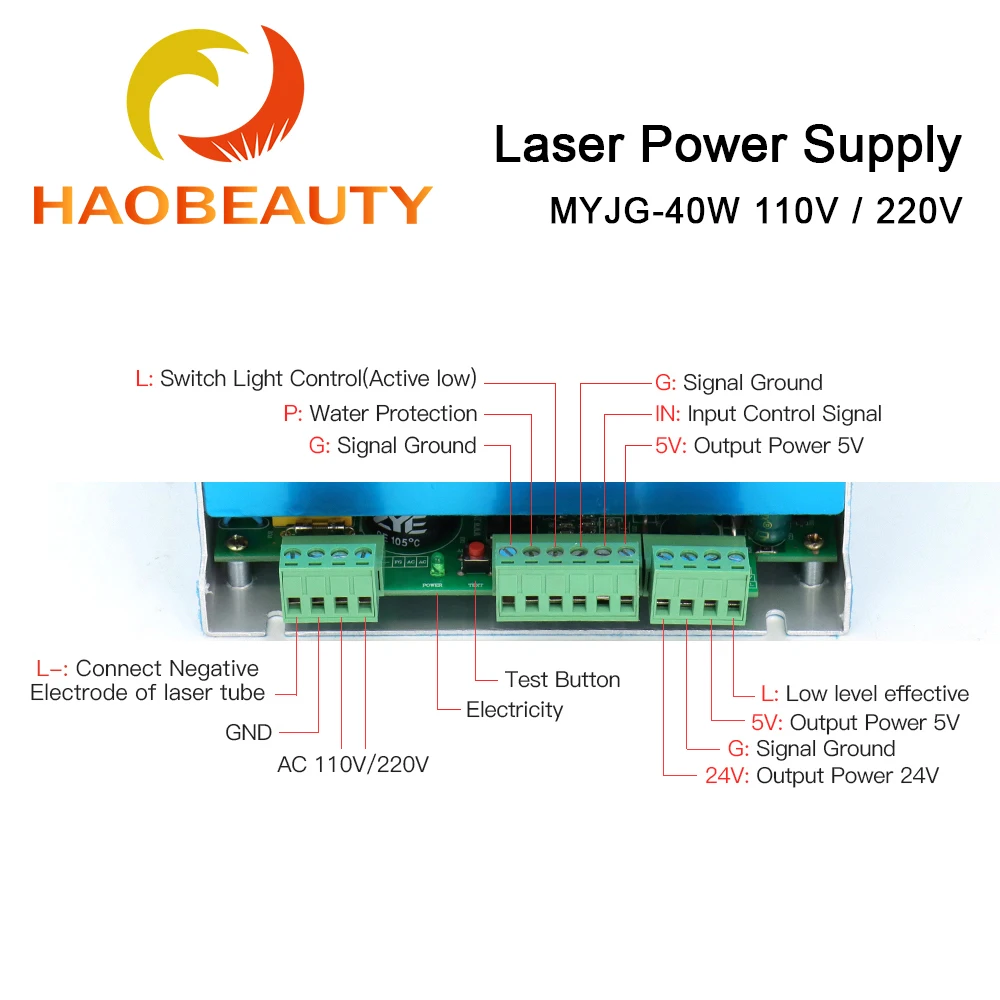 HAOBEAUTY MYJG-40 CO2 Laser Power Supply 40W 110V/220V For CO2 Laser Tube High Voltage Engraving Cutting Machine