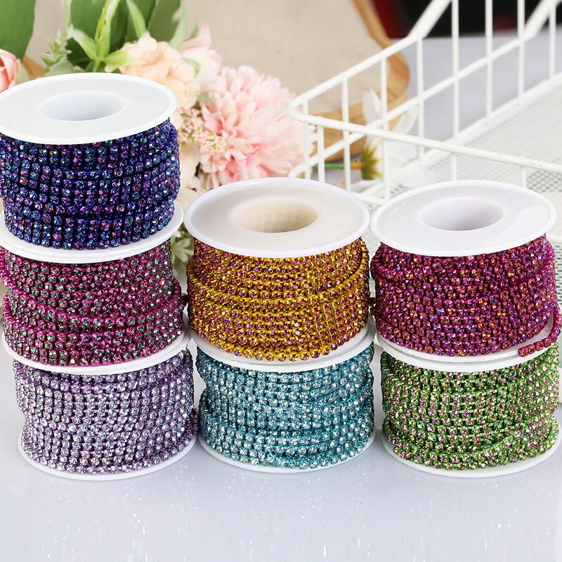 New Color!2mm/3mm Glass Magic Flame Rhinestone Trim Chain Colorful Crystal Diamond Chain Decorative Applique Trimming for Dress