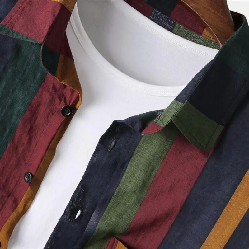 Vintage Stripe Men's Long Sleeve Blouse  PU Leather Fleece Lined Stand Collar Short Sleeve Fake Two-Piece Tourist Wear Re...