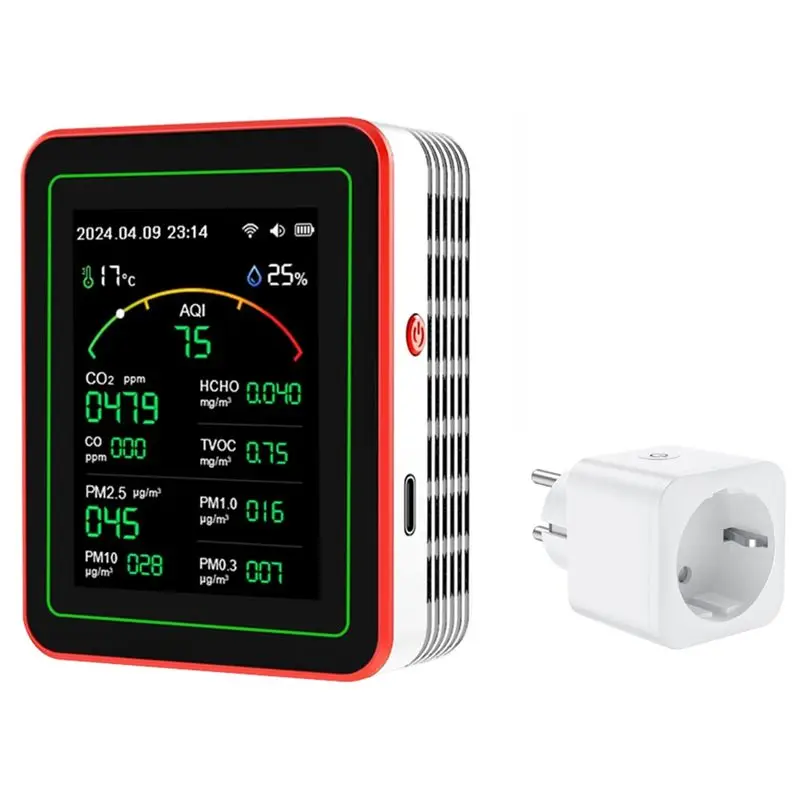 

BNVN-Монитор качества воздуха 15-в-1: Умный тестер качества воздуха с измерением PM, CO2, CO, TVOC, HCHO, температуры и влажности, с вилкой стандарта ЕС