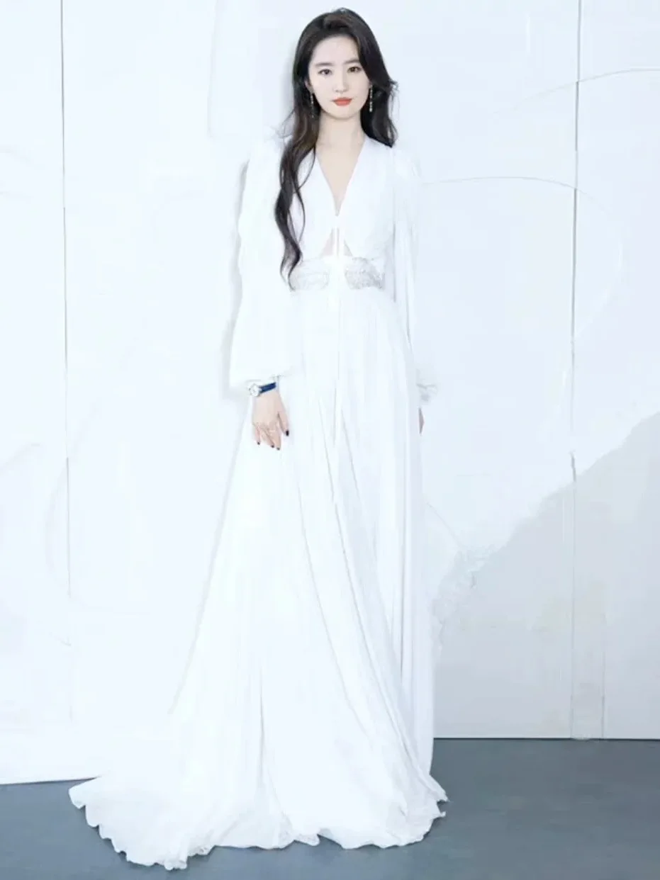 

Initial Love White Dress V-Neck Long Dress Female Design High-End Feel Korean Style Wedding Date Company Annual Ceremony Party