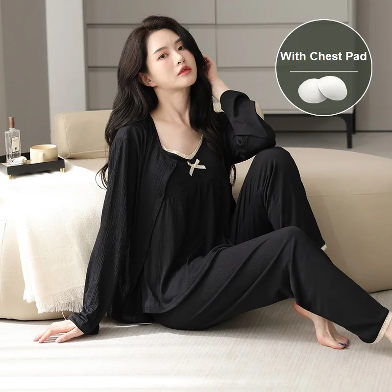 3 pieces with chest pad sling + pants + cardigan tops autumn pajamas set women cotton solid color long sleeve home Lounge Gift