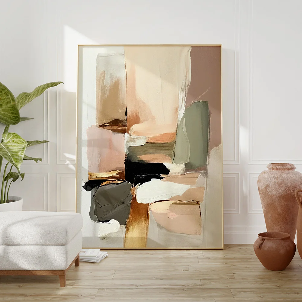 1pc (No frame),Minimalist Sage Green Beige Abstract Wall Art, Modern Neutral Geometric Print, Contemporary Canvas Painting for H