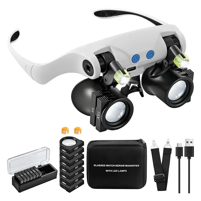 Fresh Magnifying Glasses With 3X 4X 5X 6X 7X 10X 15X Lenses, LED Light, Hands-Free Design, 14 Interchangeable Options
