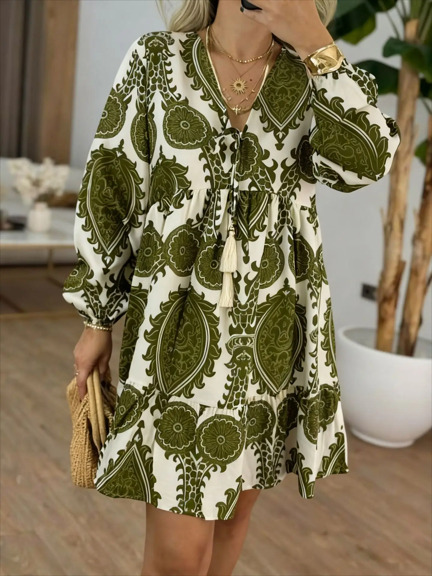 National Style Floral Print V Neck Long Sleeve Mini Dress with Tassel Tie Ruffled Hem Bohemian Clothes Woman Dresses