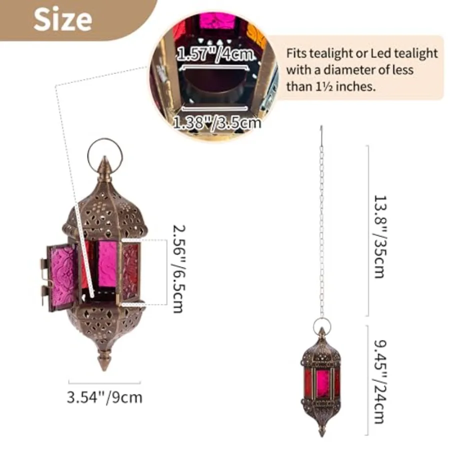 2 Pcs Hanging Hexagon Decorative Moroccan Candle Lantern Holders, Handmade Hanging Tea Light Holder in Bronze Metal and Red and view 6