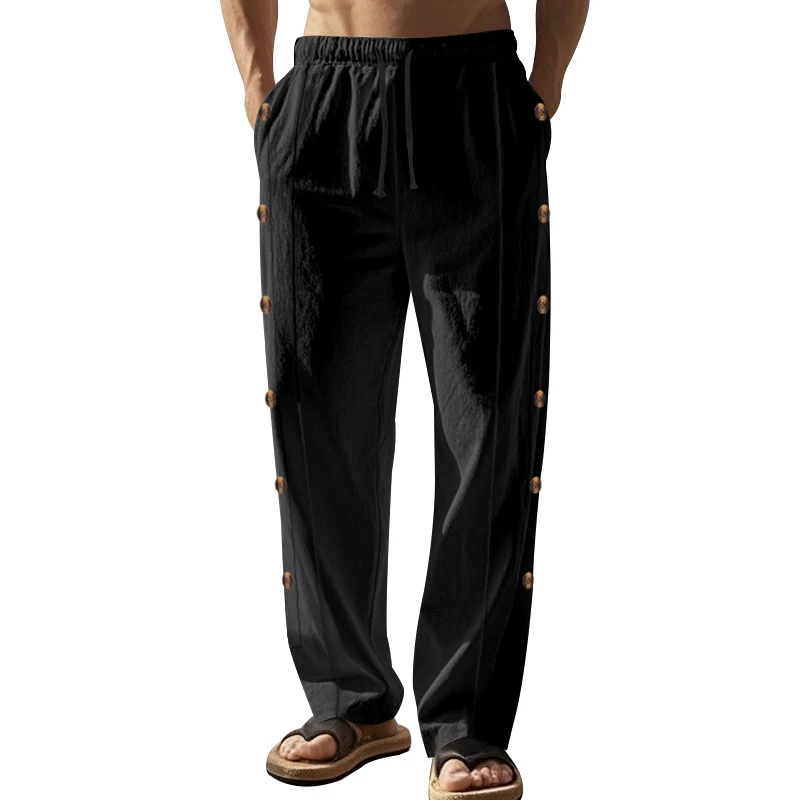 American Casual Straight Beach Pants, Loose, Comfortable, Breathable, Solid Color Cotton and Linen Buttoned Casual Pants